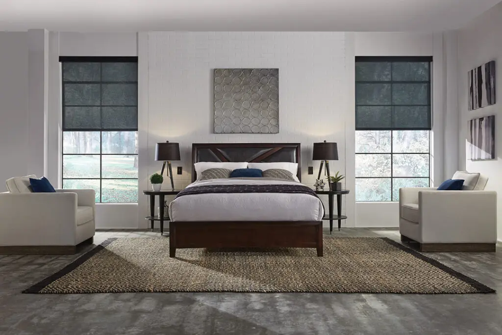 Lutron Shades open in a bedroom showing natural light