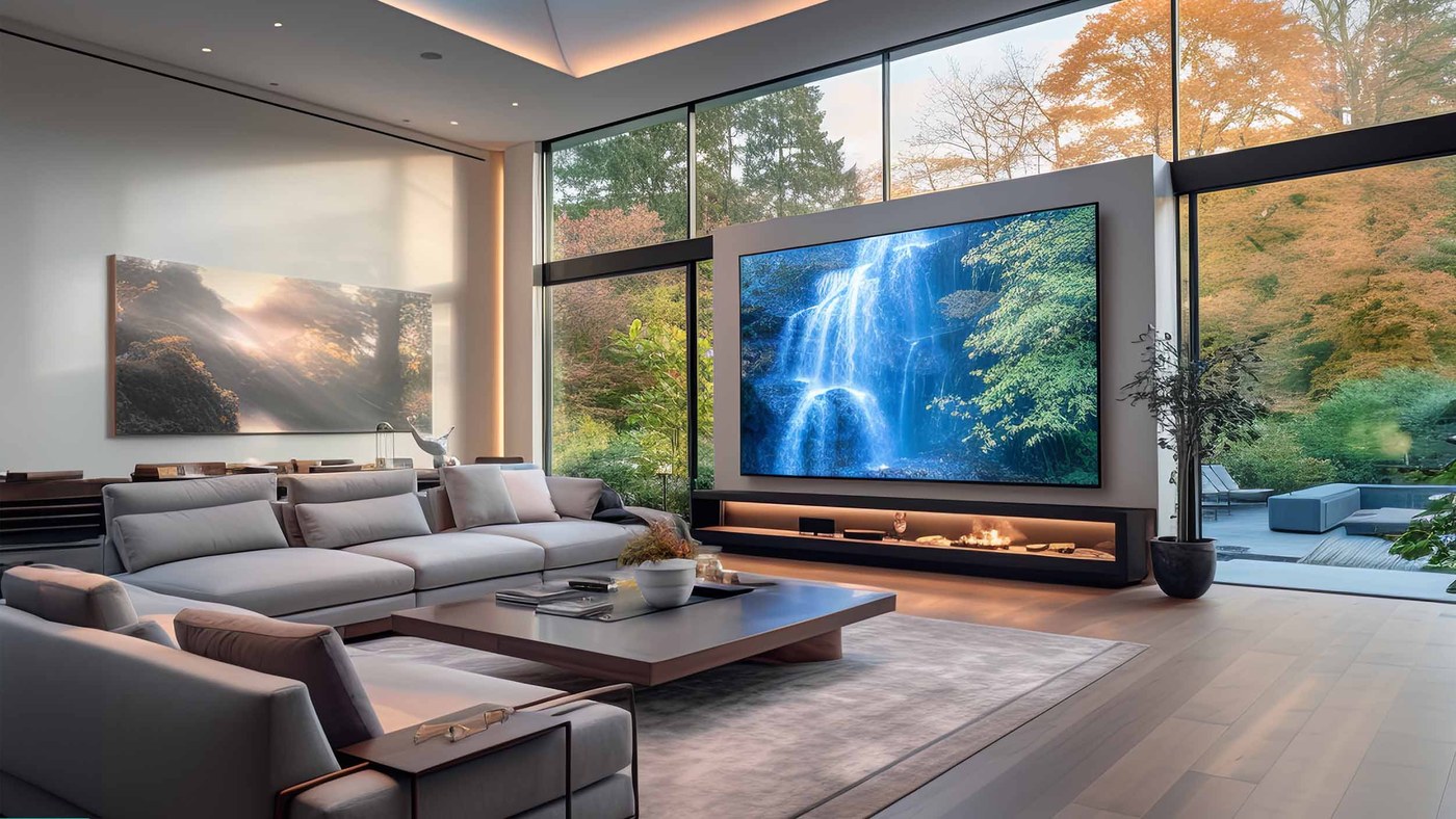 MicroLED video wall in a bright daylight living room with floor-to-ceiling windows
