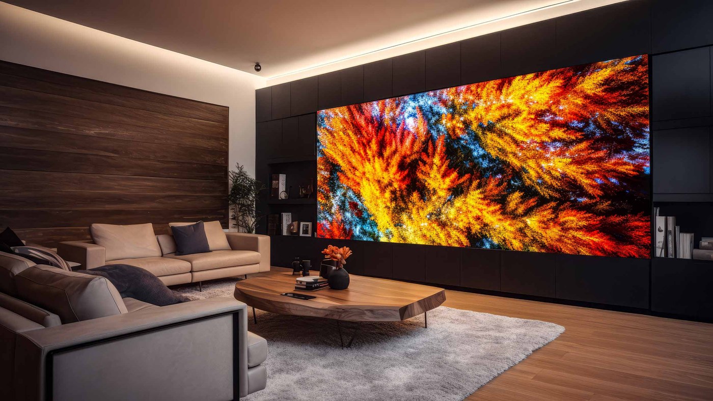 Digital art streaming on a MicroLED video wall in a dark luxury living room