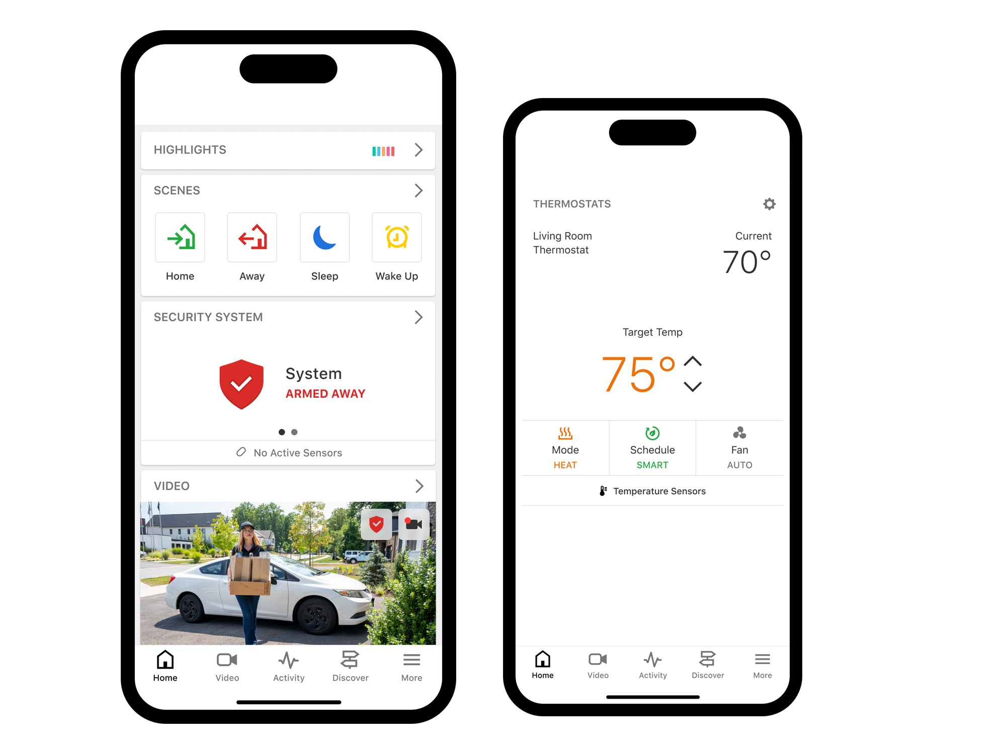 Alarm.com app showing scenes, the security system armed away, a video clip at the driveway and the living room thermostat